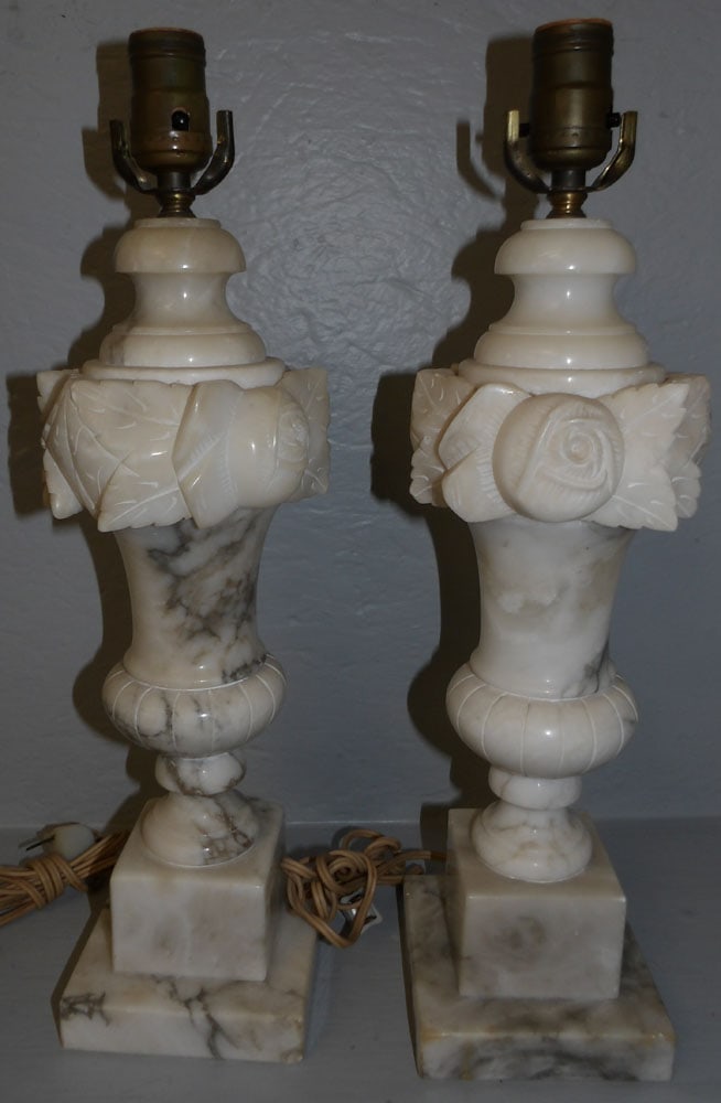 Pair of Alabaster Lamps: Pair of Alabaster Lamps. 18" H 4 3/4" Dia. ALL DESCRIPTIONS AND ANY CONDITION STATEMENT GIVEN BY LANGSTON AUCTION GALLERY ARE STRICTLY OPINIONS AND LANGSTON'S SHALL HAVE NO RESPONSIBILITY FOR ERRORS O