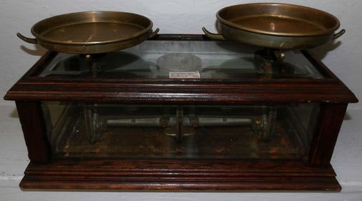 Antique Enclosed Walnut & Glass Drug Store Scales with Brass Pans