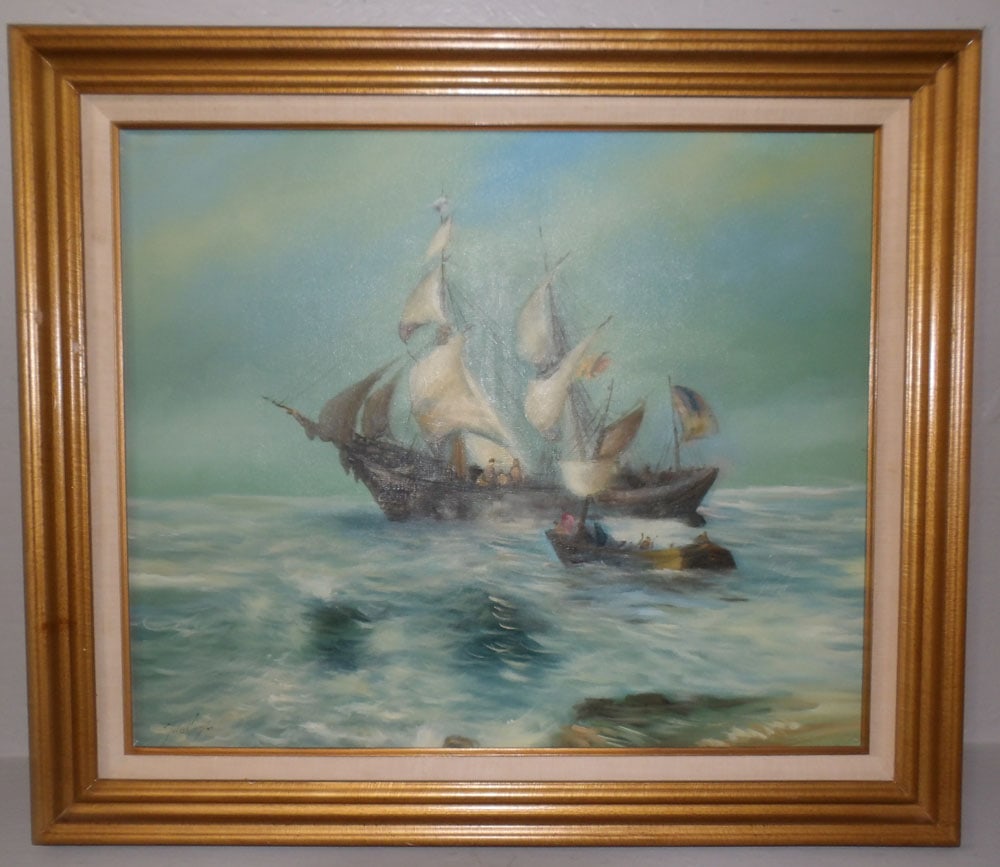 Framed Oil on Canvas Ship Scene Artist Signed (1 of 5)