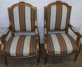 Pair of Gilded Carved Wood & Upholstered French Fauteuils