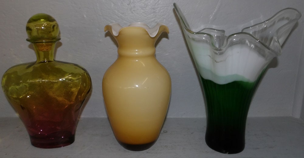 Two Art Glass Vases & Art Glass Decanter: Two Art Glass Vases & Art Glass Decanter . Up to 14" H 11" Dia. ALL DESCRIPTIONS AND ANY CONDITION STATEMENT GIVEN BY LANGSTON AUCTION GALLERY ARE STRICTLY OPINIONS AND LANGSTON'S SHALL HAVE NO RESPON