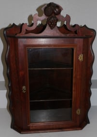 Antique Small Walnut Victorian Glass Door Hanging Corner Cabinet