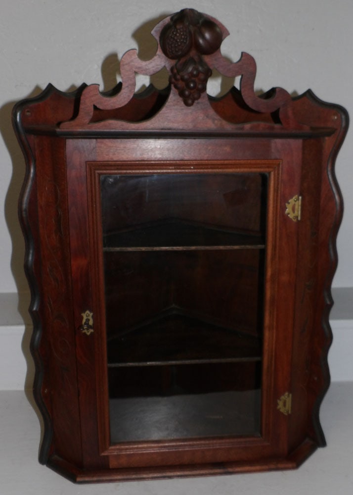 Antique Small Walnut Victorian Glass Door Hanging Corner Cabinet (1 of 4)