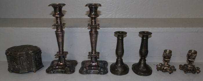 Lot of Silverplated Candlesticks & Ornate High Relief Box