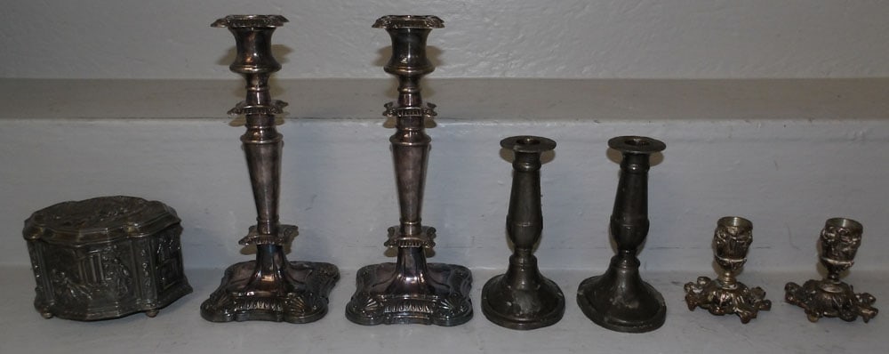 Lot of Silverplated Candlesticks & Ornate High Relief Box (1 of 7)
