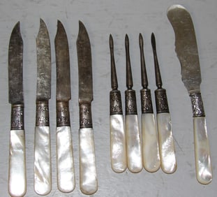 Nine Sterling Collar & Mother of Pearl Knives & Nut Picks