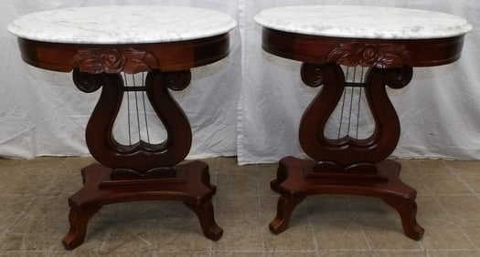 Pair of Carved Mahogany Lyre Base Oval Marble Top Stands