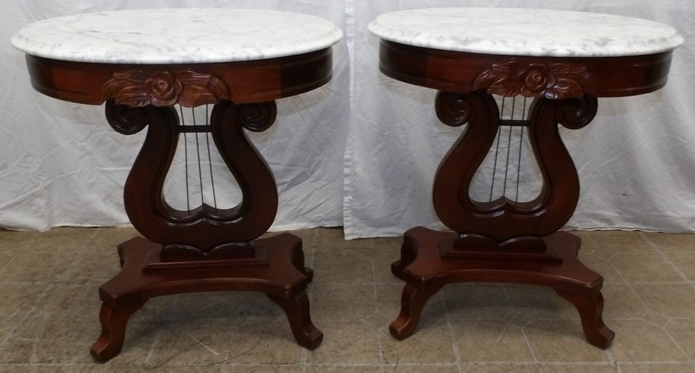 Pair of Carved Mahogany Lyre Base Oval Marble Top Stands (1 of 6)