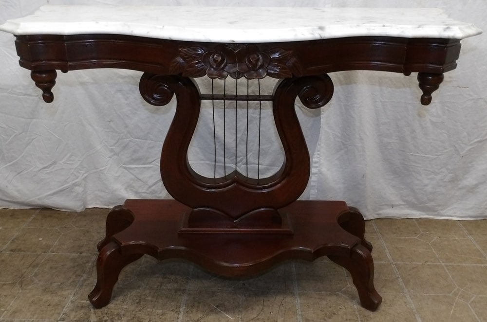 Carved Mahogany Lyre Base Marble Top Console: Carved Mahogany Lyre Base Marble Top Console . 28 3/4" H 40 1/2" W 17 1/2" D ALL DESCRIPTIONS AND ANY CONDITION STATEMENT GIVEN BY LANGSTON AUCTION GALLERY ARE STRICTLY OPINIONS AND LANGSTON'S SHALL H