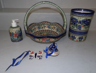 Five Pieces of Hand Painted Polish Pottery