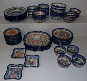 61 Pieces of Hand Painted Polish Pottery