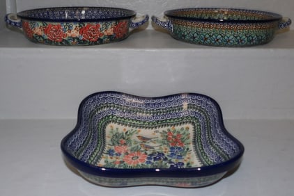 Three Pieces of Hand Painted Polish Pottery