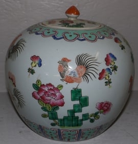 Oriental Painted Porcelain Ginger Jar with Rooster Motif