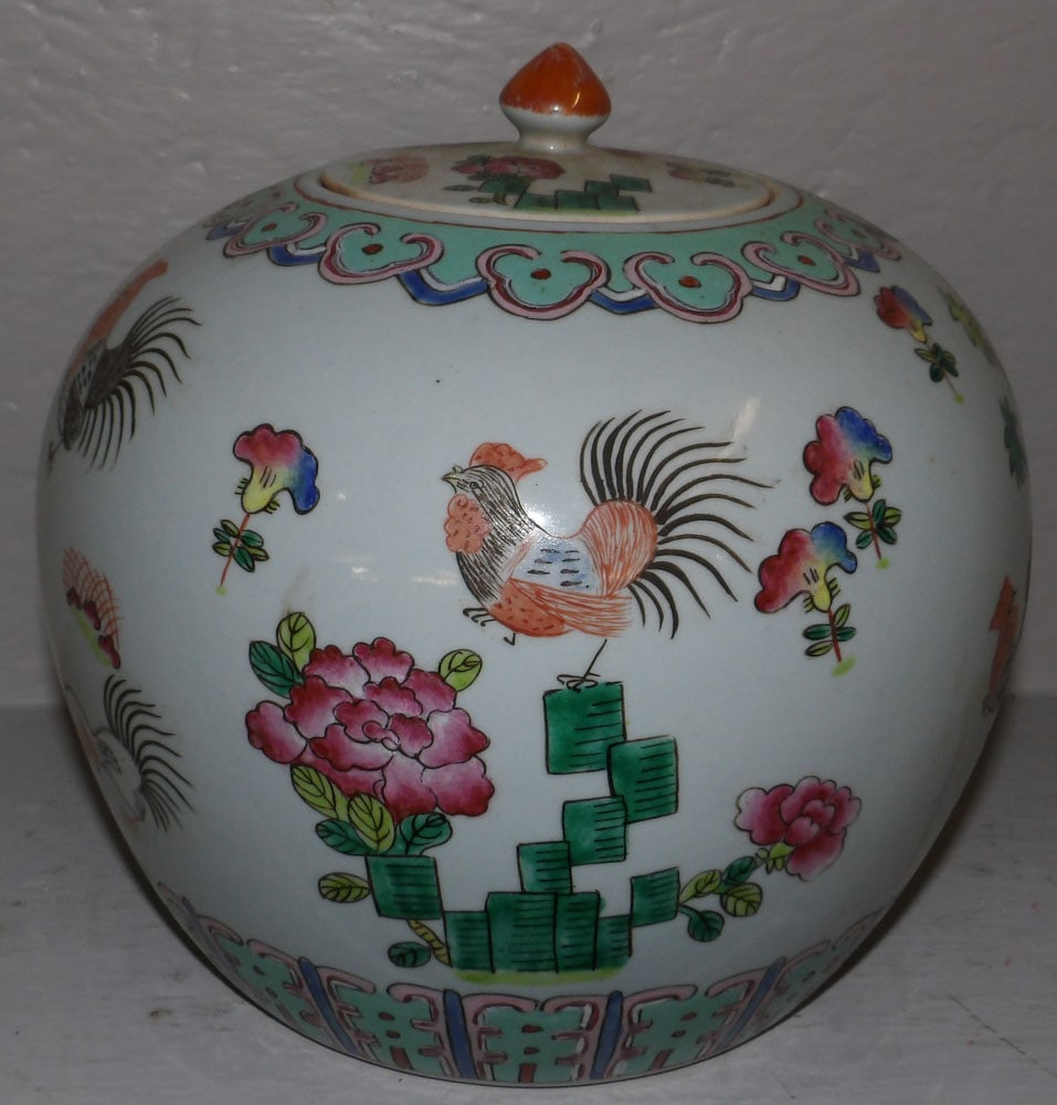Oriental Painted Porcelain Ginger Jar with Rooster Motif (1 of 5)