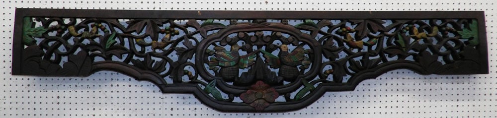 Hanging Painted Carved Wood Panel with Bird Motif: Hanging Painted Carved Wood Panel with Bird Motif. 78 1/2" L 16 3/4" D ALL DESCRIPTIONS AND ANY CONDITION STATEMENT GIVEN BY LANGSTON AUCTION GALLERY ARE STRICTLY OPINIONS AND LANGSTON'S SHALL HAVE NO
