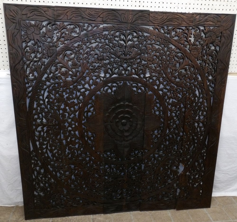 Five Carved Teak Wood Wall Panels: Five Carved Teak Wood Wall Panels . Together: 58 1/2" x 57 3/4" ALL DESCRIPTIONS AND ANY CONDITION STATEMENT GIVEN BY LANGSTON AUCTION GALLERY ARE STRICTLY OPINIONS AND LANGSTON'S SHALL HAVE NO RESPON