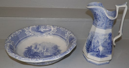 Antique Blue Transferware Bowl & Pitcher Marked J Heath