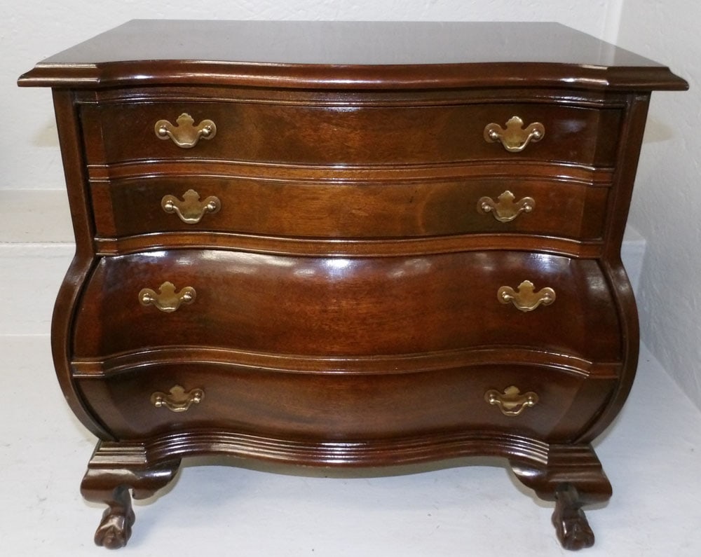Mahogany Bombay Diminutive Three Drawer Chest with Ball & Claw Feet: Mahogany Bombay Diminutive Three Drawer Chest with Ball & Claw Feet . 18 3/4" H 19 1/4" W 11" D ALL DESCRIPTIONS AND ANY CONDITION STATEMENT GIVEN BY LANGSTON AUCTION GALLERY ARE STRICTLY OPINIONS AND