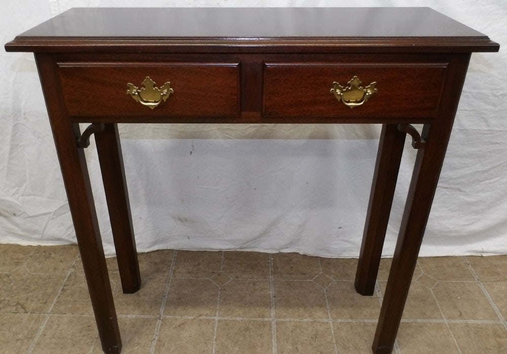 Mahogany Two Drawer Chippendale Console Stamped M&MH: Mahogany Two Drawer Chippendale Console Stamped M&MH. 30 1/4" H 30" W 11" D ALL DESCRIPTIONS AND ANY CONDITION STATEMENT GIVEN BY LANGSTON AUCTION GALLERY ARE STRICTLY OPINIONS AND LANGSTON'S SHALL HA