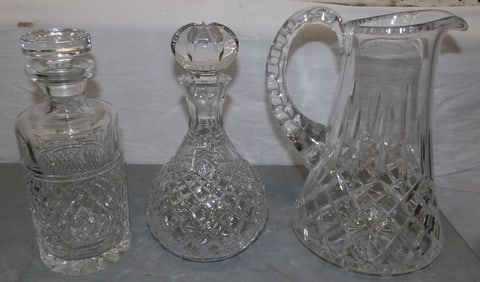 Two Crystal Decanters & Large Crystal Pitcher