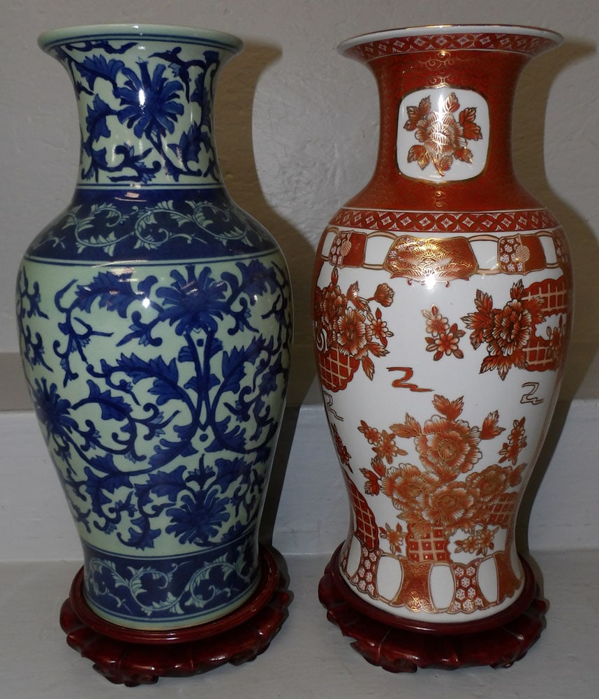 Two Oriental Painted Porcelain Vases on Teak Wood Stands (1 of 15)