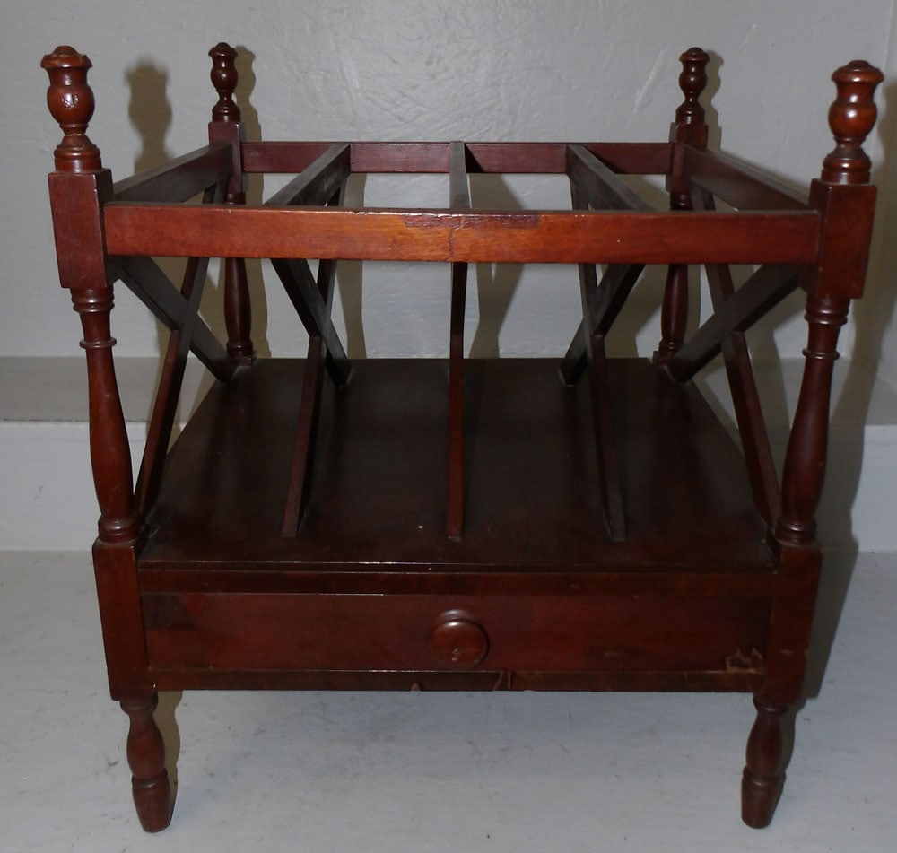 19th Century Mahogany Canterbury with One Drawer: 19th Century Mahogany Canterbury with One Drawer . 21" H 18 1/4" W 16 1/2" D ALL DESCRIPTIONS AND ANY CONDITION STATEMENT GIVEN BY LANGSTON AUCTION GALLERY ARE STRICTLY OPINIONS AND LANGSTON'S SHALL H