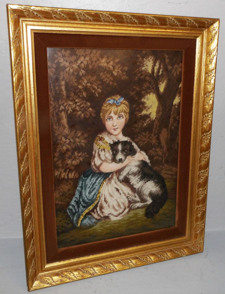 Framed Needlework of Young Girl with Spaniel (1 of 3)