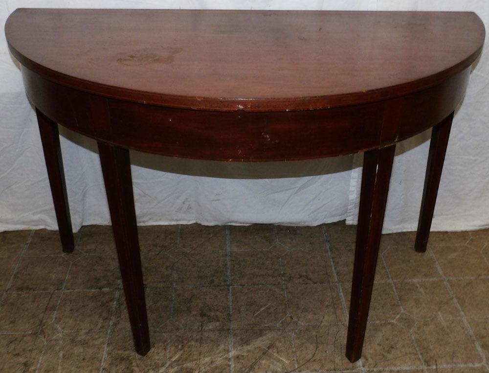 19th Century Mahogany Inlaid Demi Lune Console: 19th Century Mahogany Inlaid Demi Lune Console. 29 1/4" H 43 3/4" W 21" D ALL DESCRIPTIONS AND ANY CONDITION STATEMENT GIVEN BY LANGSTON AUCTION GALLERY ARE STRICTLY OPINIONS AND LANGSTON'S SHALL HAVE
