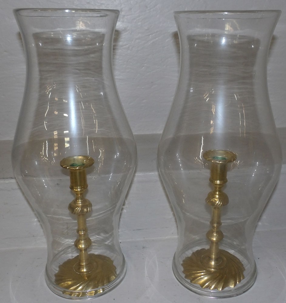 Pair of Brass Virginia Metalcrafters Candlesticks with Glass Hurricane Shades (1 of 5)