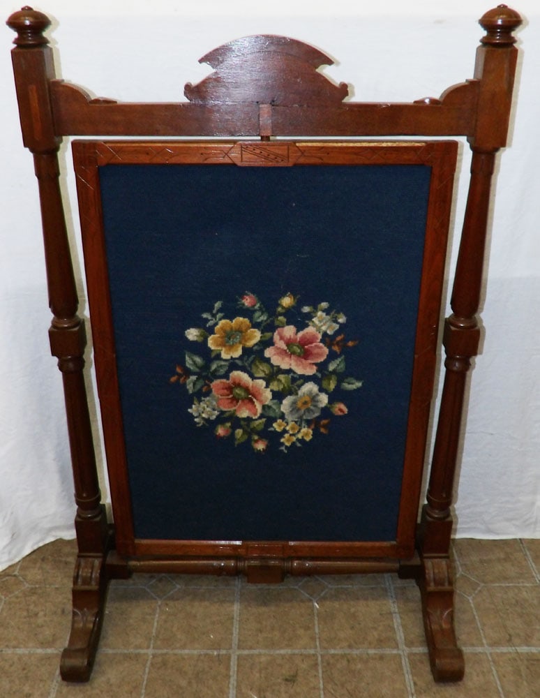 Antique Walnut Victorian Fire Screen with Needlepoint Inset (1 of 8)