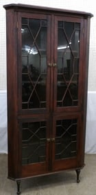 Antique Oak Glass Door Corner Cabinet with Ball & Claw Feet