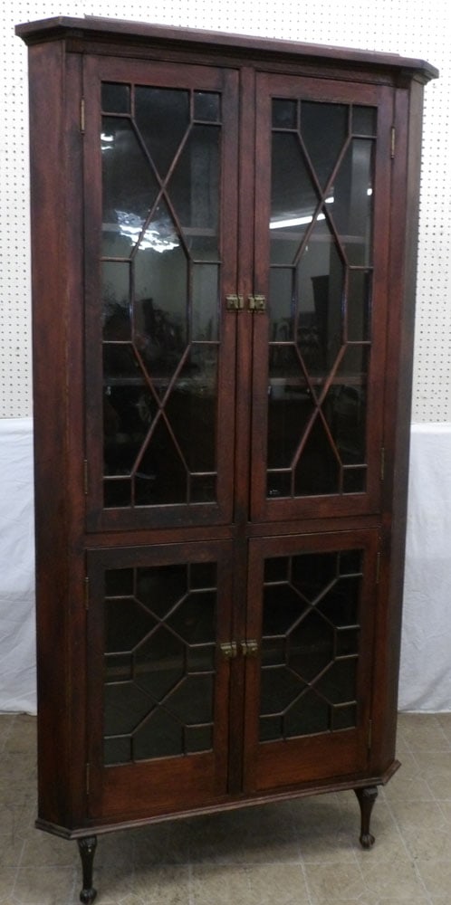 Antique Oak Glass Door Corner Cabinet with Ball & Claw Feet (1 of 10)