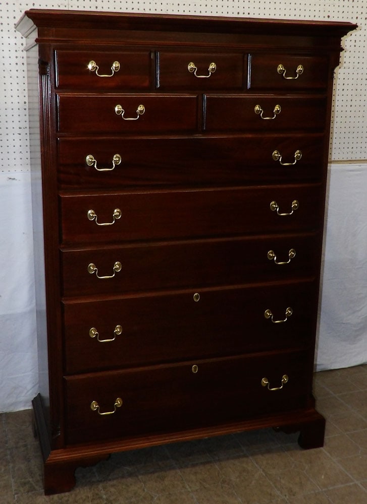 Mahogany Three Over Two Over Five Drawer Tall Chest with Fluted Quarter Columns by Jamestown: Mahogany Three Over Two Over Five Drawer Tall Chest with Fluted Quarter Columns by Jamestown Sterling. 65 1/2" H 45" W 19 1/4" D ALL DESCRIPTIONS AND ANY CONDITION STATEMENT GIVEN BY LANGSTON AUCTION 