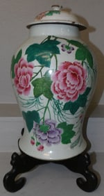 19th Century Hand Painted Porcelain Covered Urn Signed with Character Marks on Teak Wood Stand