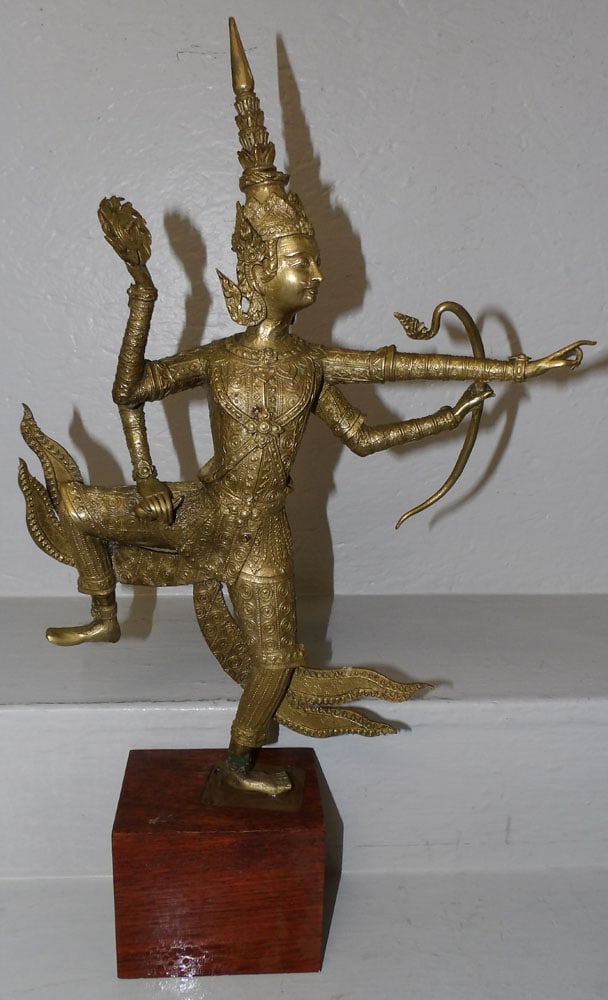 Oriental Brass Buddha Sculpture on Teak Wood Base (1 of 4)