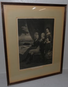 Antique Framed Black & White Engraving of Washington Family