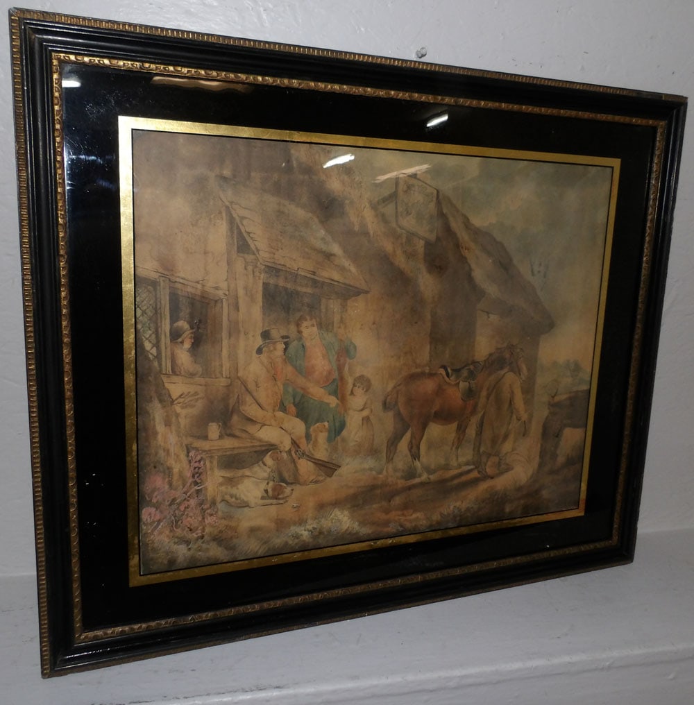 Antique Framed Hand Colored Engraving of Visiting Hunter with Eglomise Border (1 of 4)