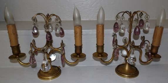Pair of Gilded Bronze Two Light Candelabra Lamps with Glass Prisms