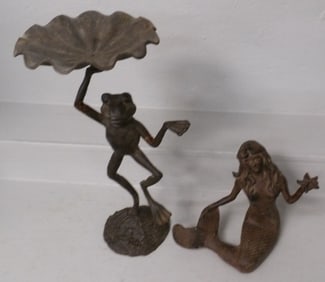 Cast Iron Frog Form Bird Bath & Cast Iron Mermaid Door Stop