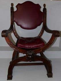 Antique Carved Walnut Savonarola Arm Chair