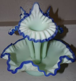 Fenton Diamond Lace Blue Crest Art Glass Epergne