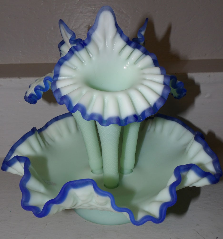 Fenton Diamond Lace Blue Crest Art Glass Epergne (1 of 3)