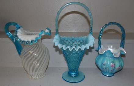 Three Fenton Art Glass Pieces, (Two Baskets & One Pitcher)