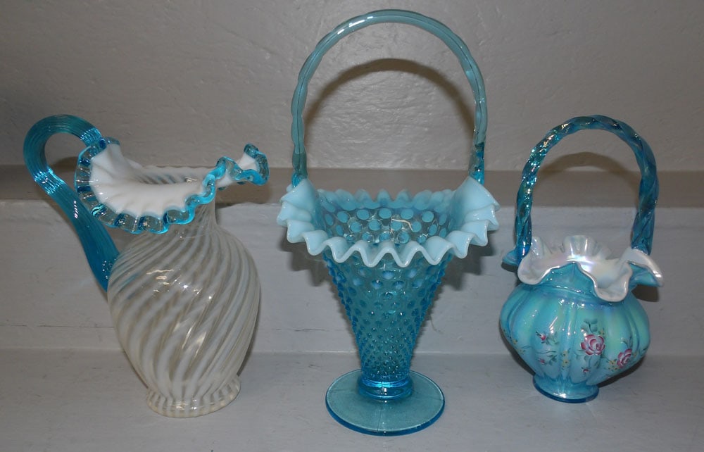 Three Fenton Art Glass Pieces, (Two Baskets & One Pitcher) (1 of 9)