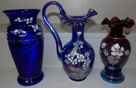 Three Fenton Art Glass Pieces, (One Pitcher & Two Vases)