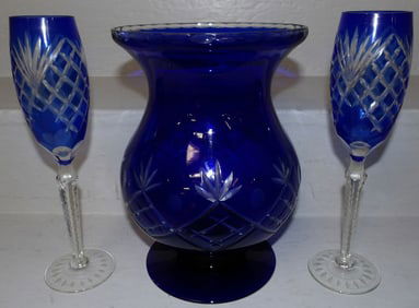 Three Cut to Clear Cobalt Blue Glass Items