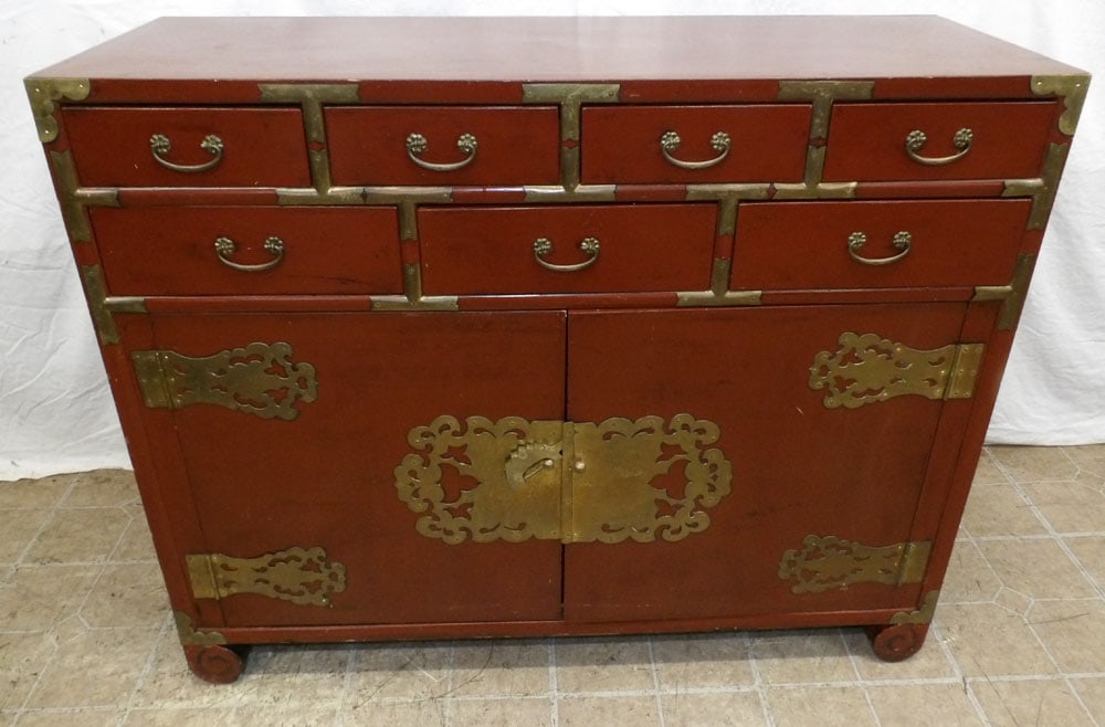 Oriental Red Lacquered & Brass Bound Cabinet (1 of 5)