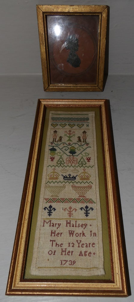 18th Century Needlework Sampler Dated 1739 & Antique Framed Silhouette (1 of 4)