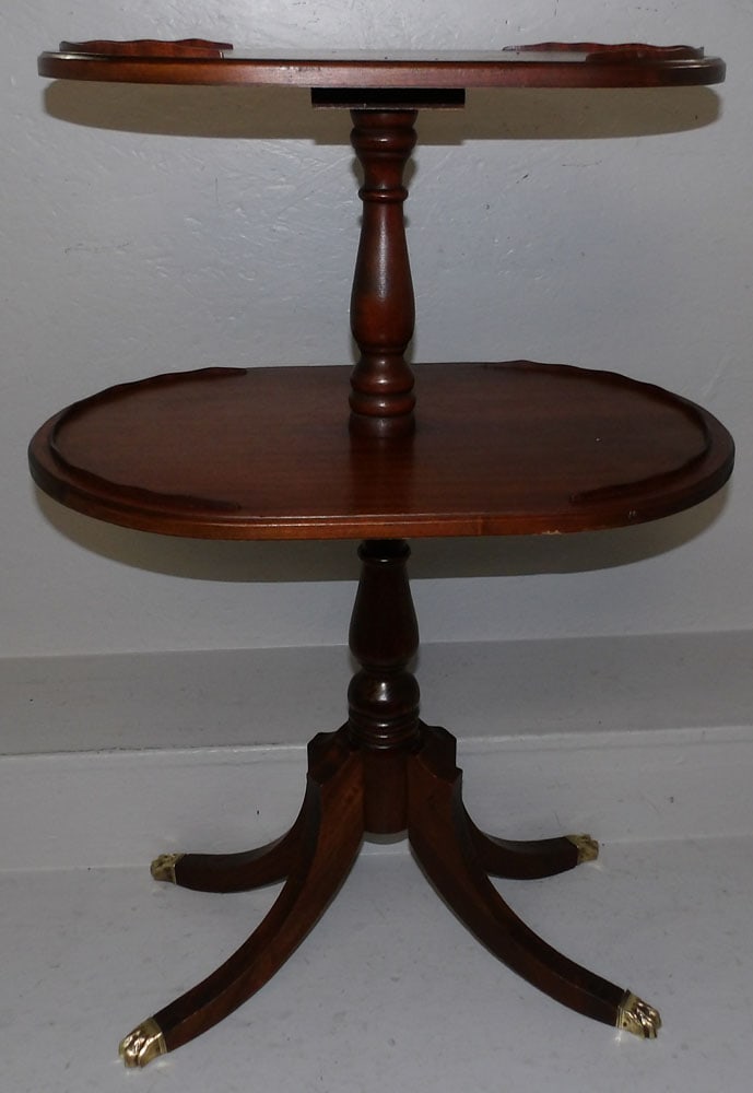 Antique Mahogany Two Tier Dumbwaiter with Brass Paw Feet: Antique Mahogany Two Tier Dumbwaiter with Brass Paw Feet . 34 3/4" H 23 1/2" W 16 1/2" D ALL DESCRIPTIONS AND ANY CONDITION STATEMENT GIVEN BY LANGSTON AUCTION GALLERY ARE STRICTLY OPINIONS AND LANGST