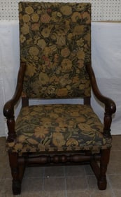19th Century Walnut Stretcher Base & Needlepoint Upholstered Library Chair